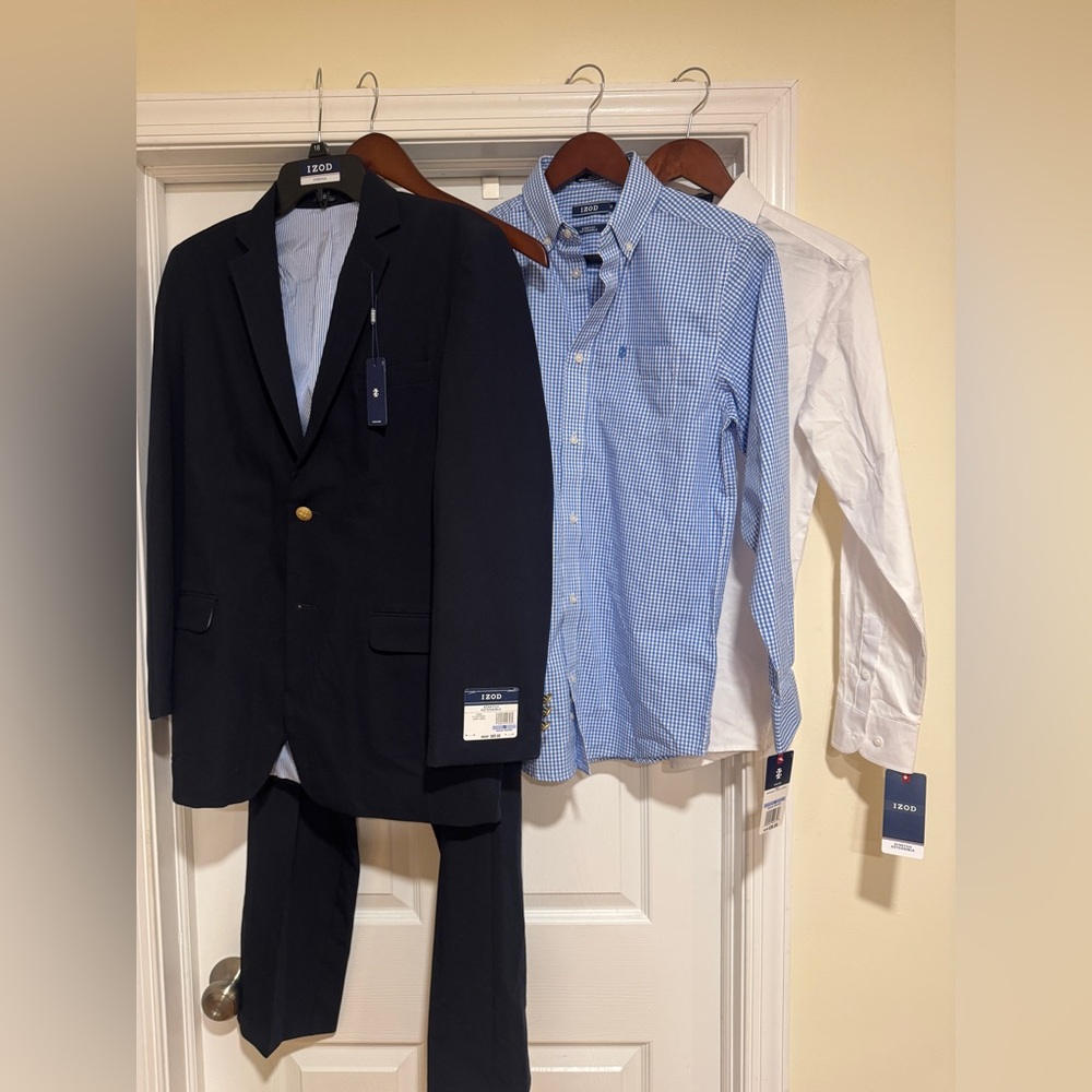 IZOD Boys' Brass Button BlazerJacket/suit pantskBlue Checkered & White Shirts
